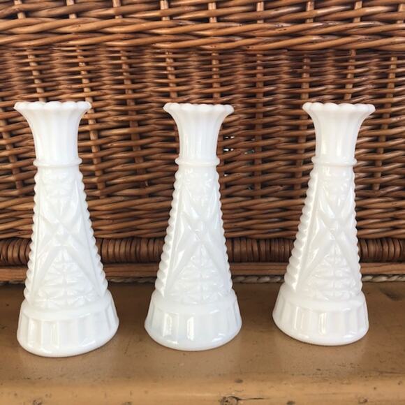 Collection of 3 Vintage White Milk Glass Stars & Bars 6” Vases - Picture 5 of 6
